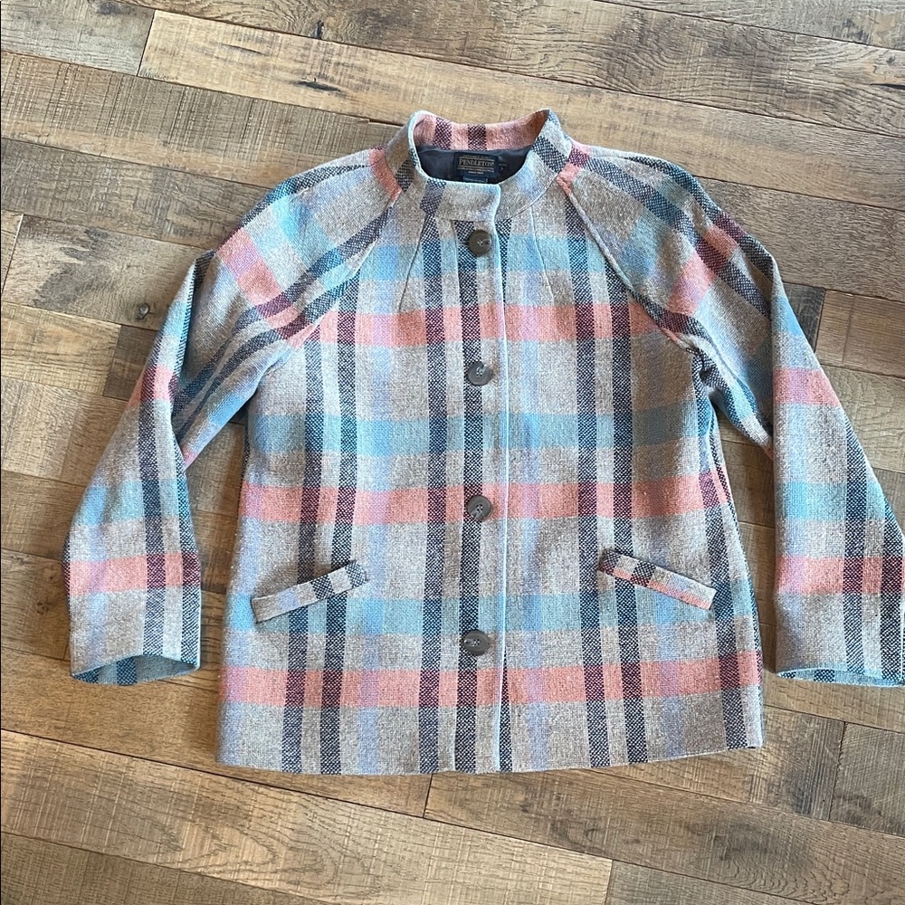 Pendleton Plaid Wool Pea Coat in Blue & Pink